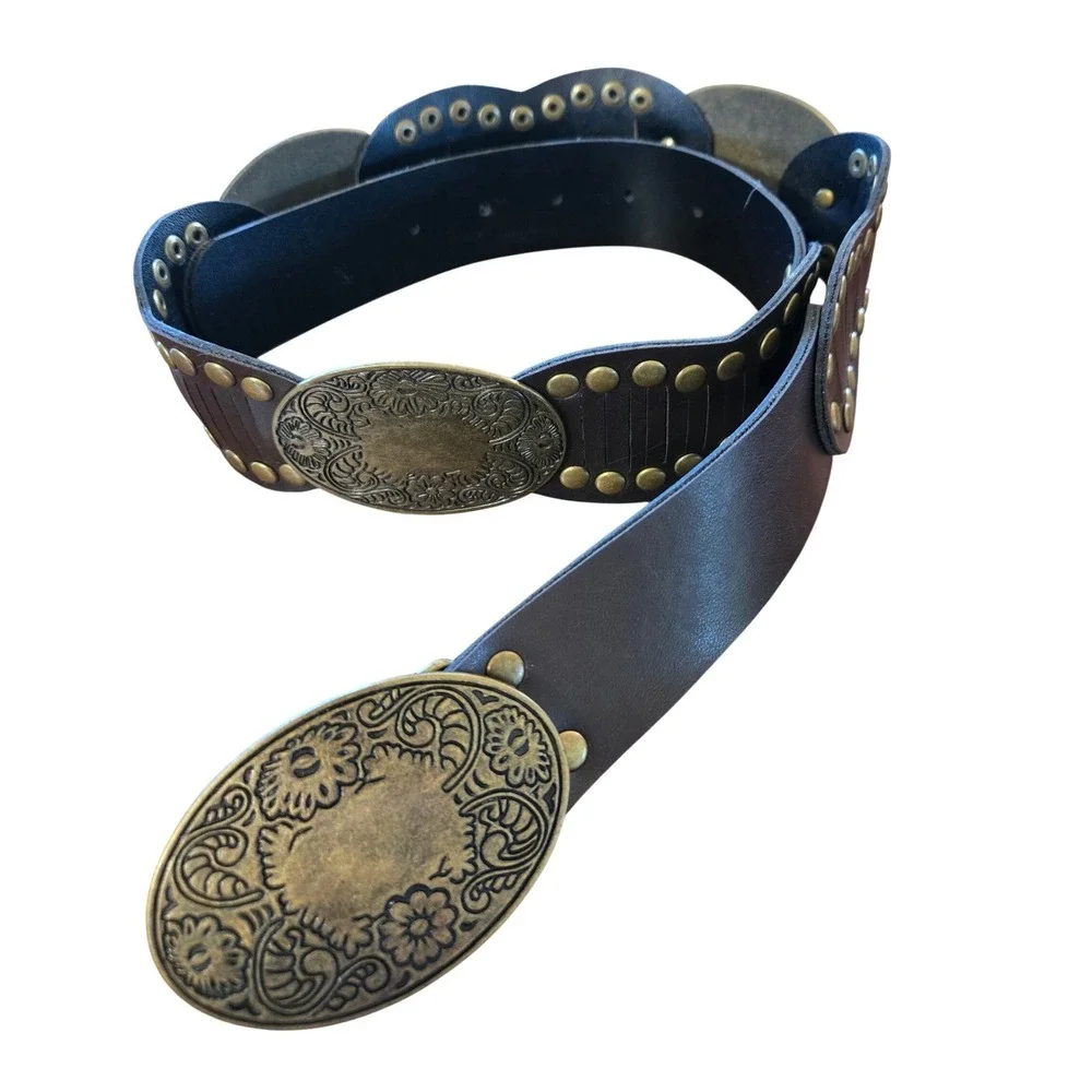 Bohemian, Prairie Ornate Floral Brass Medallions & Studded Leather Belt Sz M